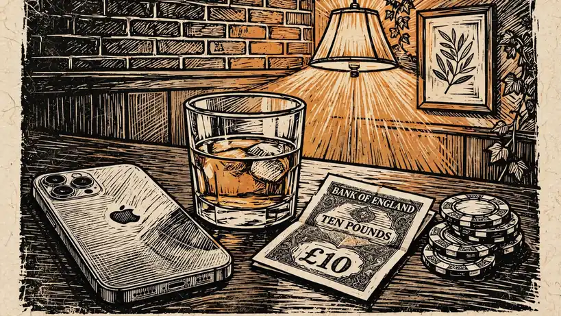 iPhone on table with whisky, chips and pound note, UK setting