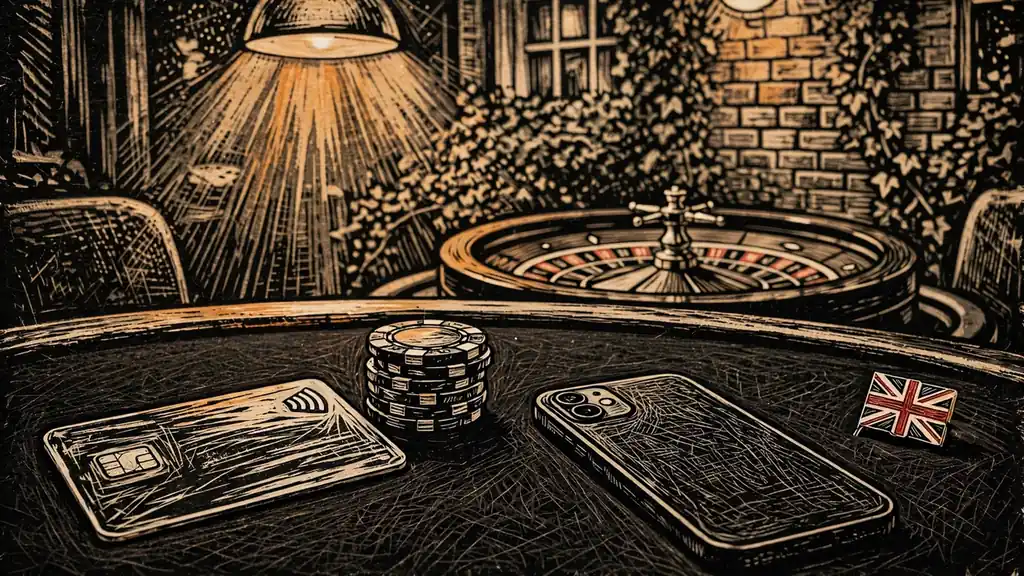 Payment card, chips, smartphone, and UK flag on a casino table with a roulette wheel in the background.