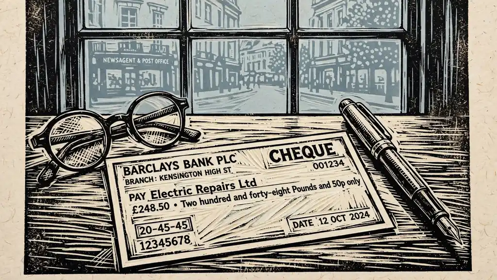 British bank cheque on a wooden desk with pen and glasses by a window.
