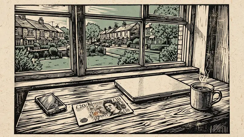 British home desk with a smartphone, laptop, banknotes, and a mug of tea near a window.