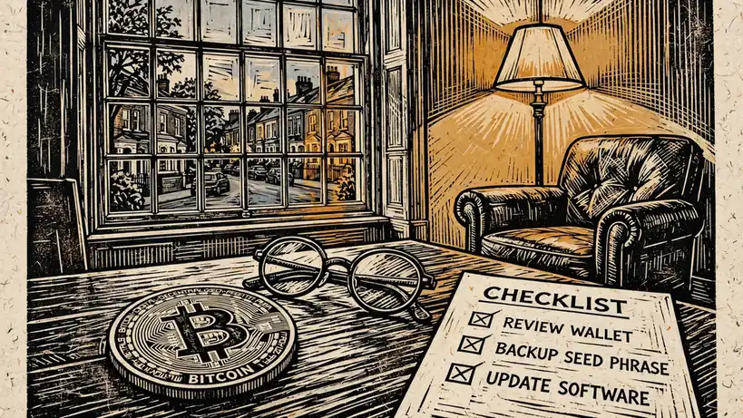 Bitcoin coin on a desk with a checklist in a cozy British study room at dusk