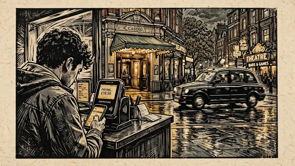 Person making a contactless mobile payment near a traditional UK casino entrance on a rainy evening.