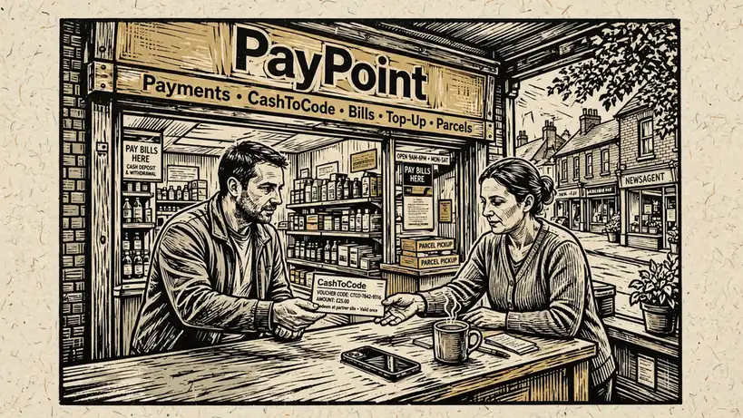 UK convenience store counter where a CashToCode voucher is being exchanged, smartphone face-down nearby.