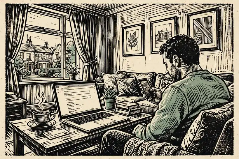 Person checking payment options on smartphone in a British living room