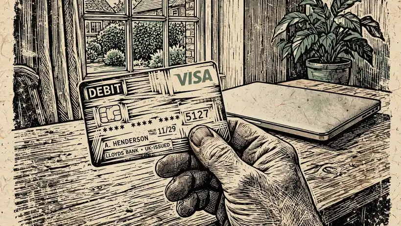 Hand holding a Visa debit card near a laptop at a table.