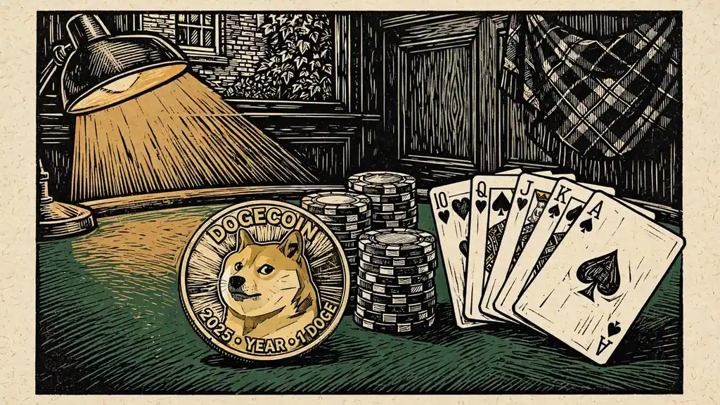 Dogecoin token on a green felt casino table with poker chips and playing cards