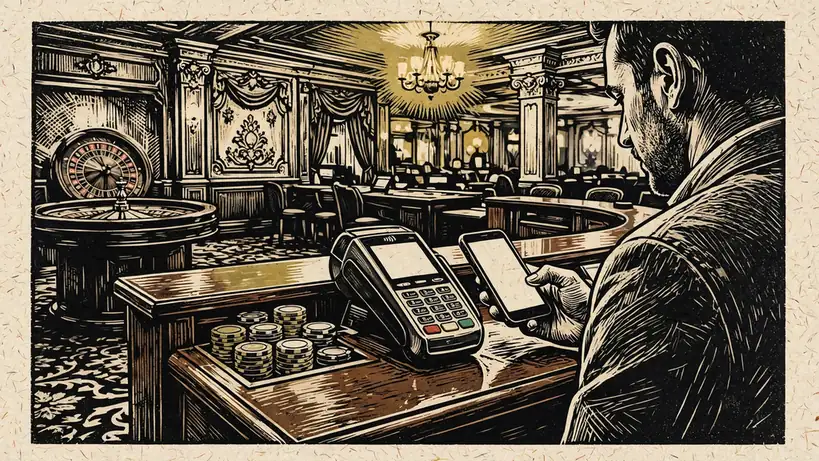Person paying with smartphone at UK casino cashier counter