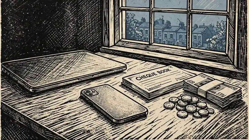 British home desk with closed laptop, smartphone, cheque book, and cash beside a window overlooking a London street.