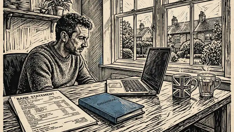 Person reviewing banking documents and chequebook at a home desk in the UK.