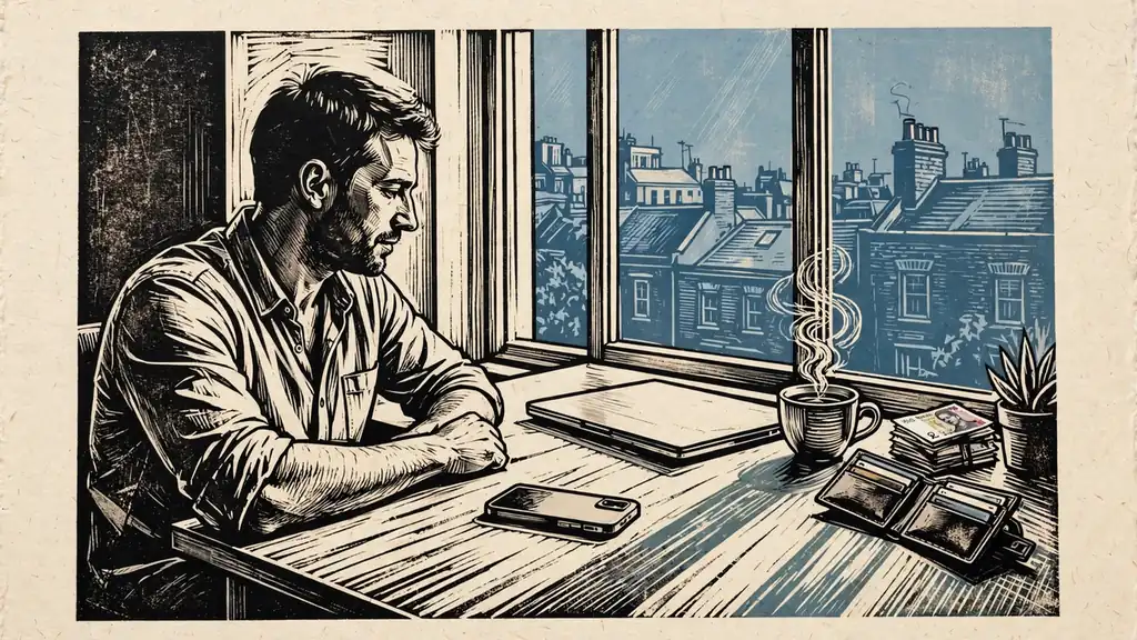 Person at a modern British desk with phone face-down, tea, and pound notes by a window