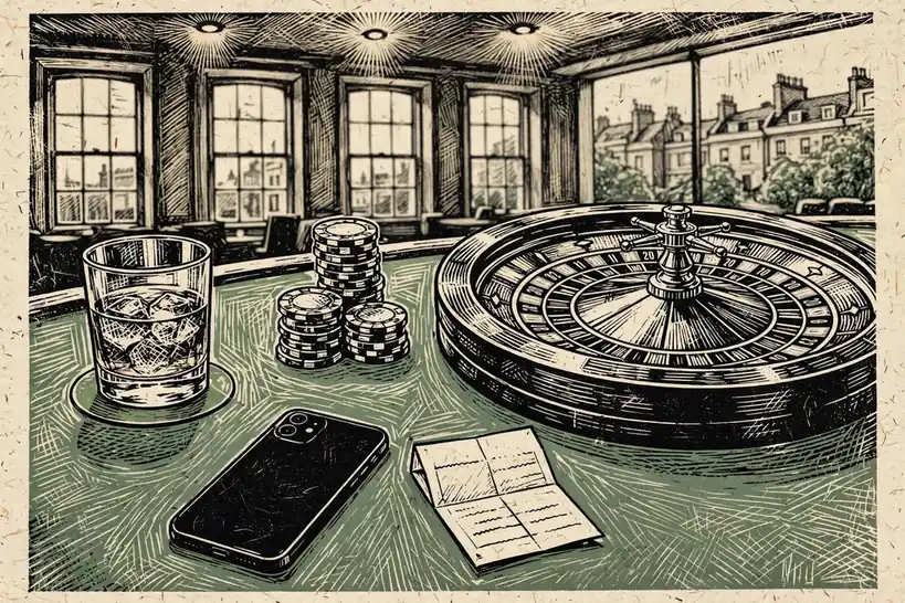 Roulette wheel, chips, whisky and a smartphone on a casino table in London.