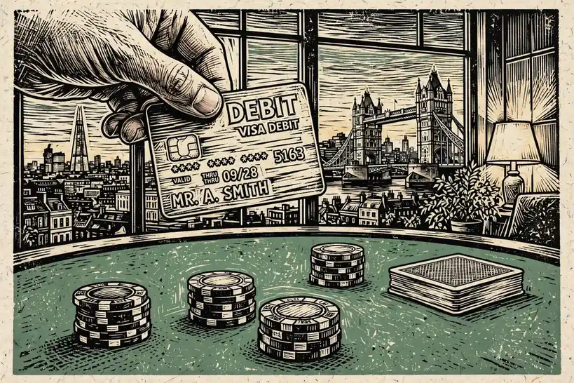 UK debit card held over a green felt casino table with London skyline at dusk