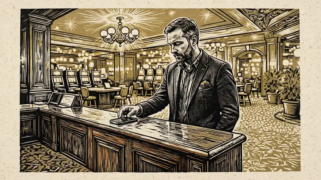Person at an elegant UK casino cashier desk placing a smartphone on the counter