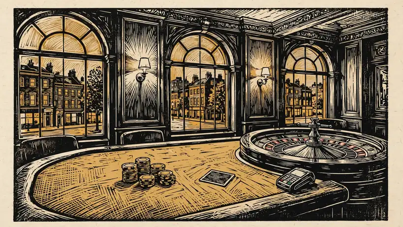 UK casino room with card table, chips, roulette wheel, and London view at dusk.
