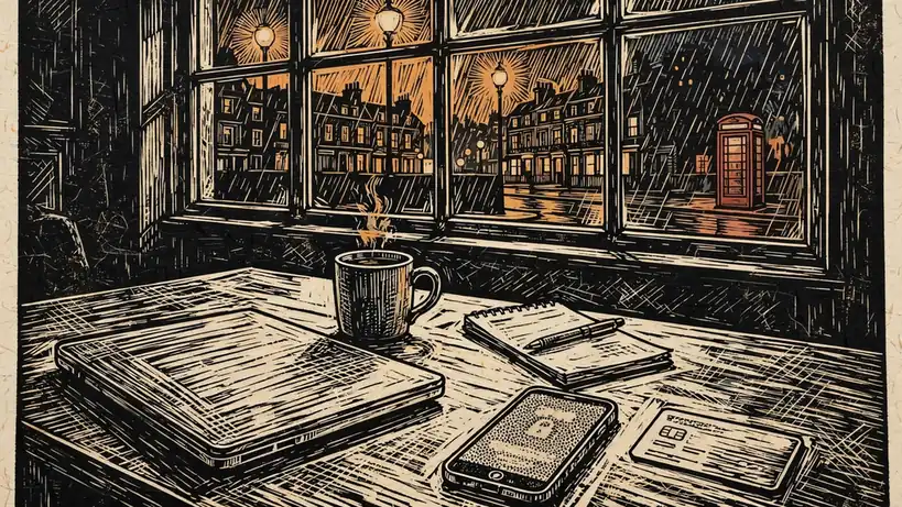 UK home office desk with closed laptop and bank card near a rainy London window at night