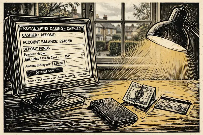 Casino cashier screen on a monitor with a phone, card, and banknote on a desk.