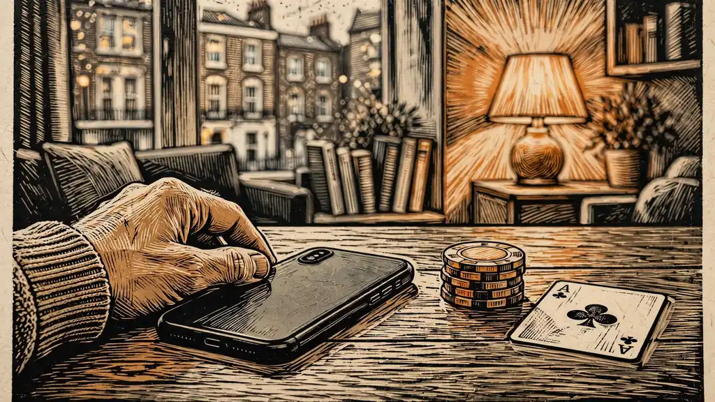 Smartphone face-down on a table with casino chips and a card, warm lamp light