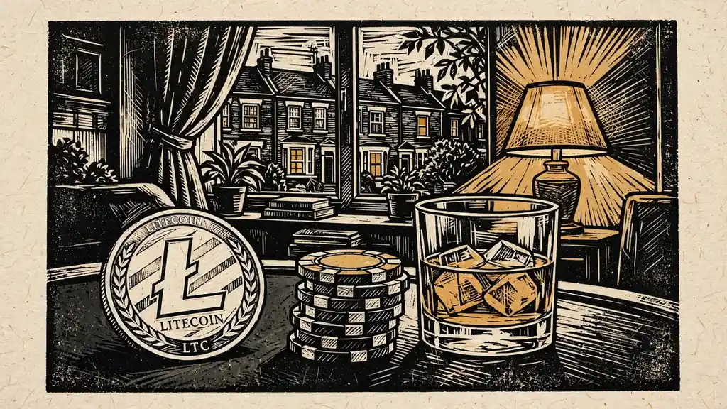 Silver Litecoin coin on a casino felt with poker chips in a London flat.