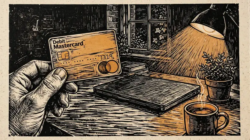 Hand holding a debit Mastercard at a desk with a closed laptop