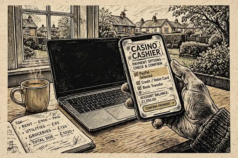 Hand holding smartphone near laptop checking online casino cashier for payment method.