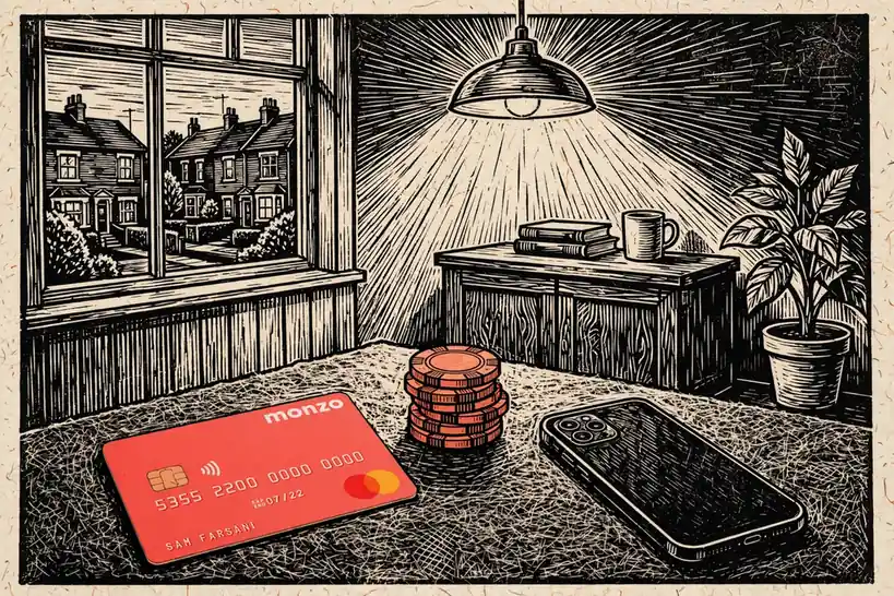 Coral Monzo bank card with casino chips on green felt