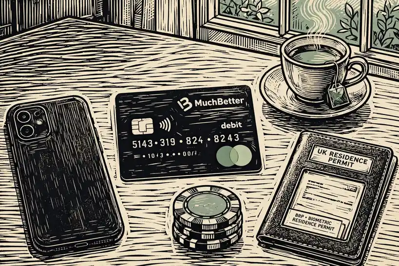 UK desk with smartphone, payment card, casino chips and tea