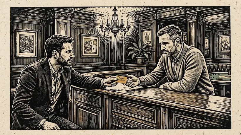 Customer presenting a prepaid voucher card at a traditional UK casino cashier counter