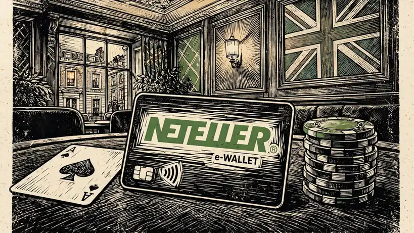 Neteller e-wallet card on a casino table with chips and a playing card