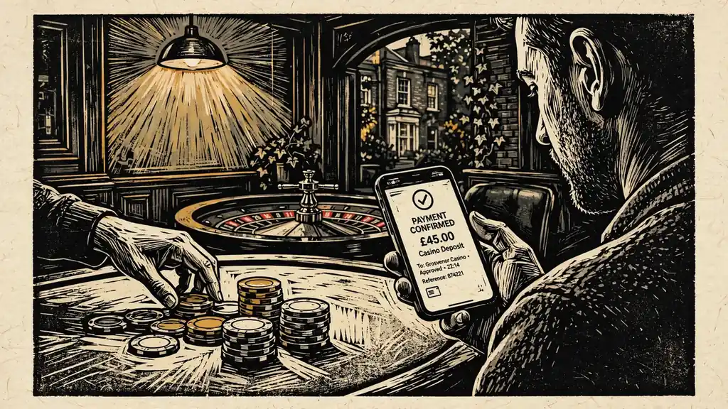 Person using smartphone for mobile casino payment at a chip-covered table in a lounge.