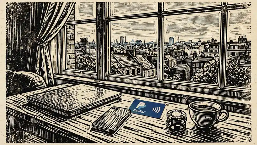UK home desk with laptop, smartphone, PayPal card and poker chips near a window overlooking London rooftops.