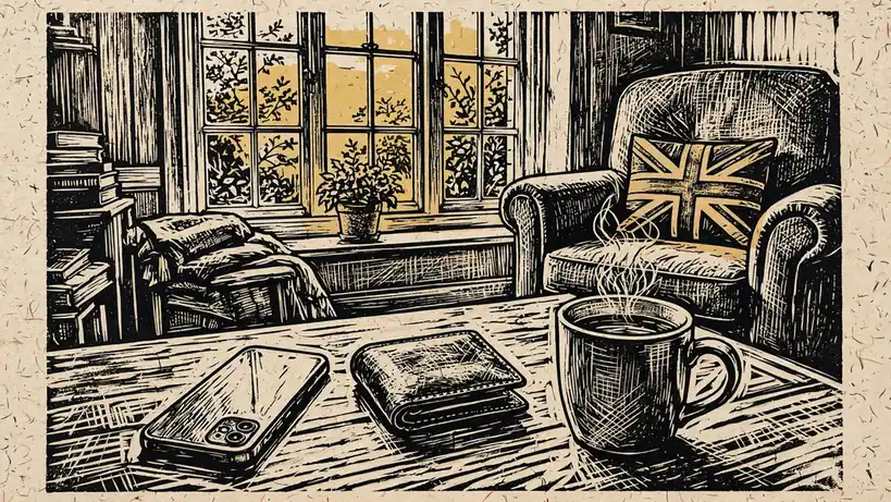 Smartphone face-down on a table beside a wallet and tea mug in a British home.