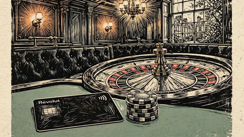 Revolut card on a casino table with chips and roulette