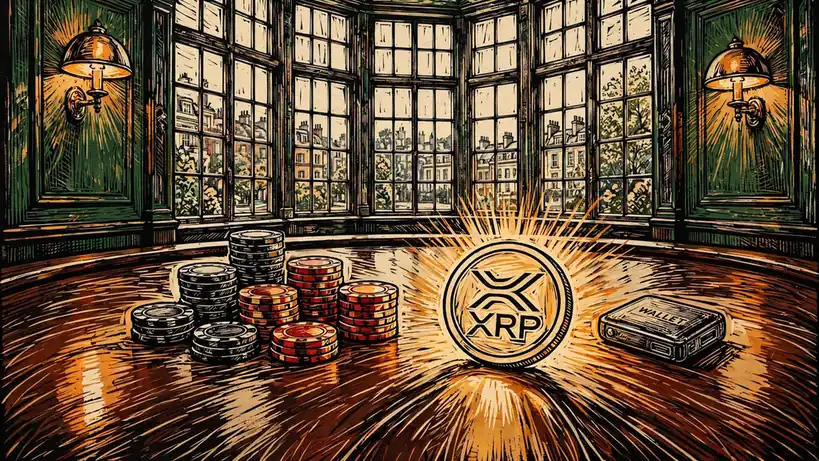 XRP coin and casino chips on a mahogany table in a British club setting