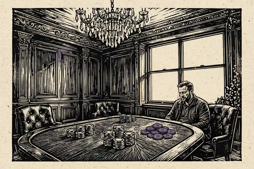 British casino lounge with poker chips and crypto tokens on felt table