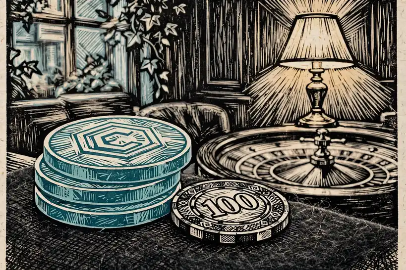 Tether-style crypto token next to a casino chip in a UK gaming lounge.