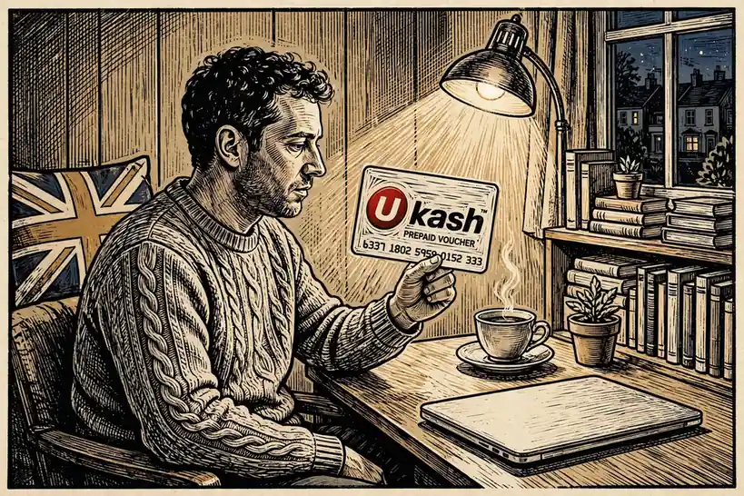 Player holding a Ukash voucher near a laptop at home