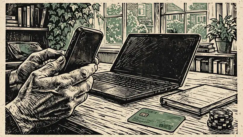 Hands holding a smartphone beside a laptop on a desk with a card and chips.
