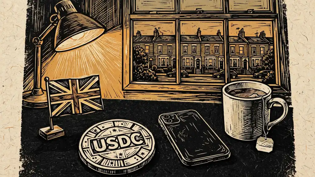USDC coin, Union Jack flag, face-down phone and British tea on a desk in a London flat