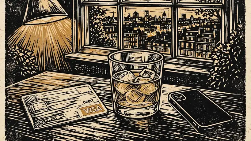 Visa debit card on a wooden table with a smartphone and a glass of whisky