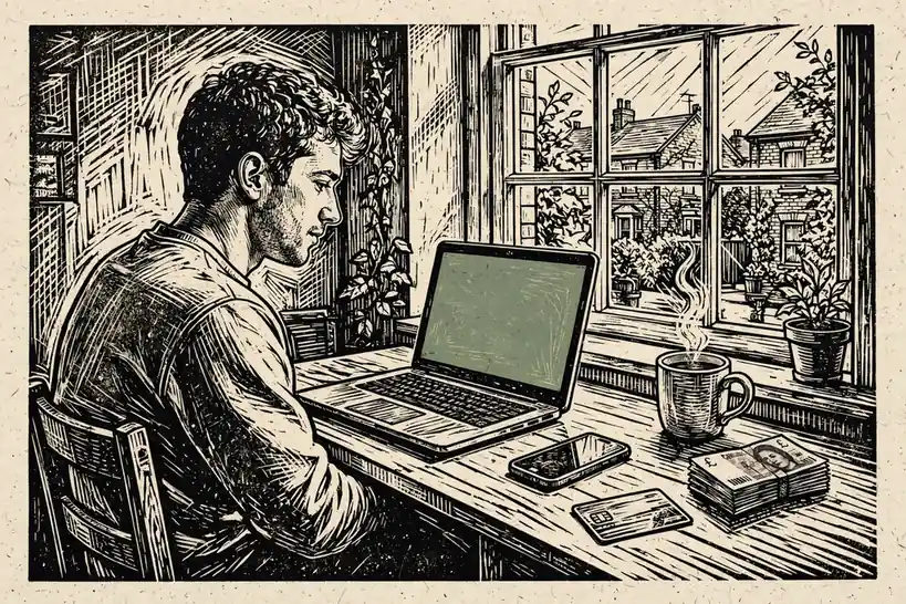 Person at a desk with laptop, phone, bank card, and British pounds by a sunlit window.