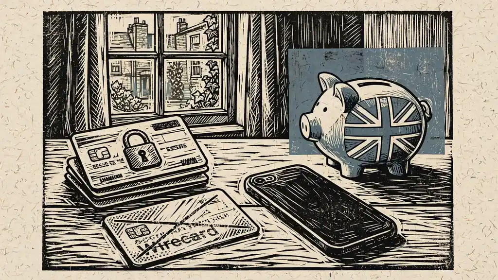 British table scene with credit cards and a face-down phone, symbolising an unavailable payment method at online casinos.