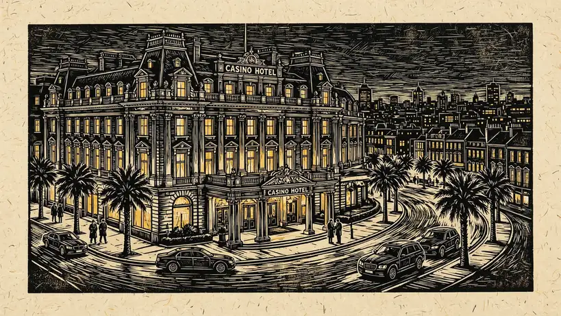 Grand international casino hotel exterior at twilight with warm lights and palm trees