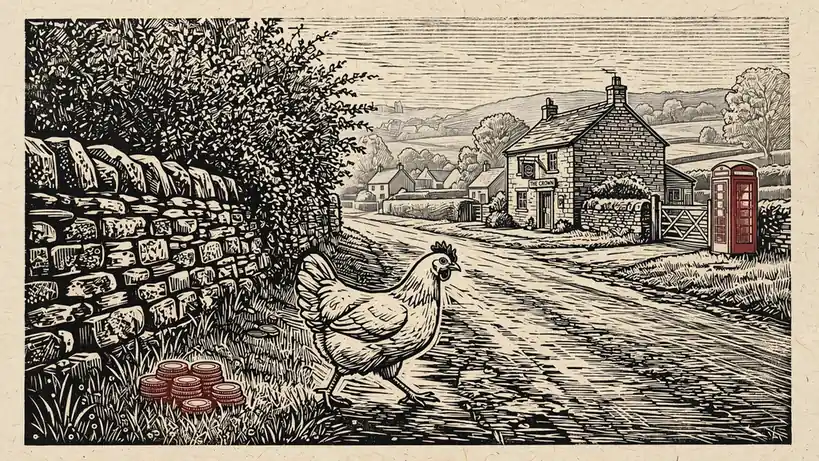 White hen crossing a misty British country lane with red casino chips on the verge.