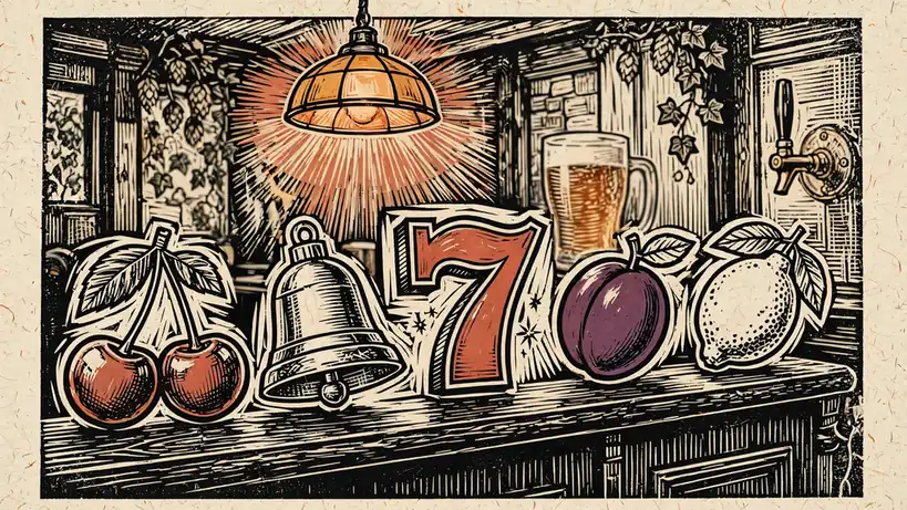Classic slot symbols as ornaments on a British pub bar counter.