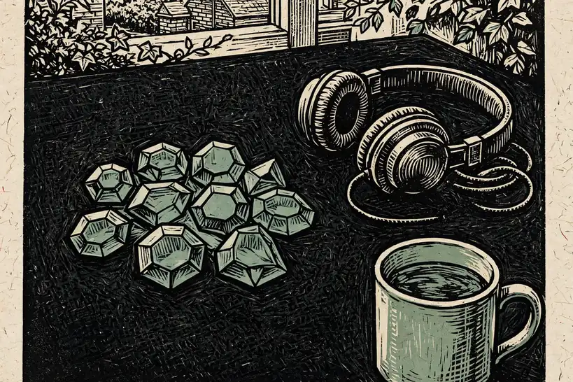 Cluster of gem tokens on green felt beside tea mug and headphones