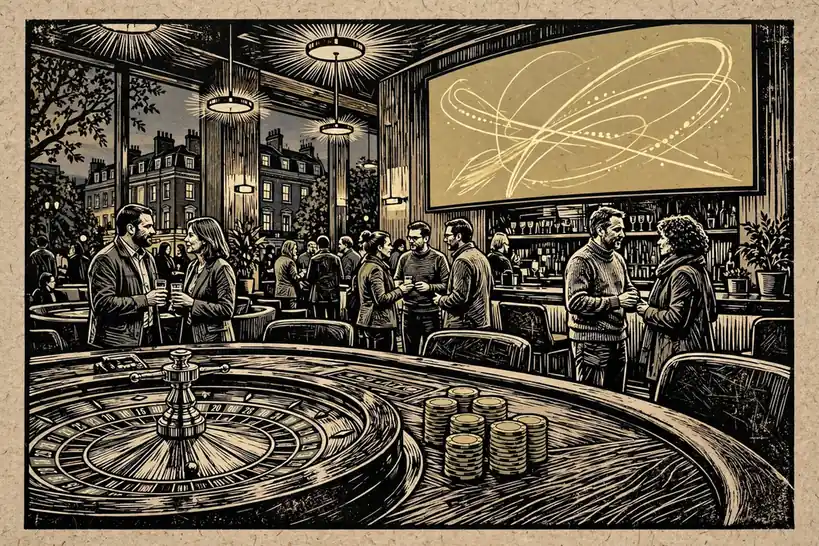 Stylish London casino lounge with chips and roulette wheel at dusk