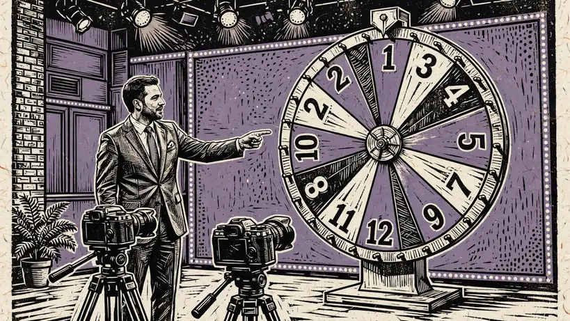 Large colourful prize wheel in a bright TV game show studio with a presenter