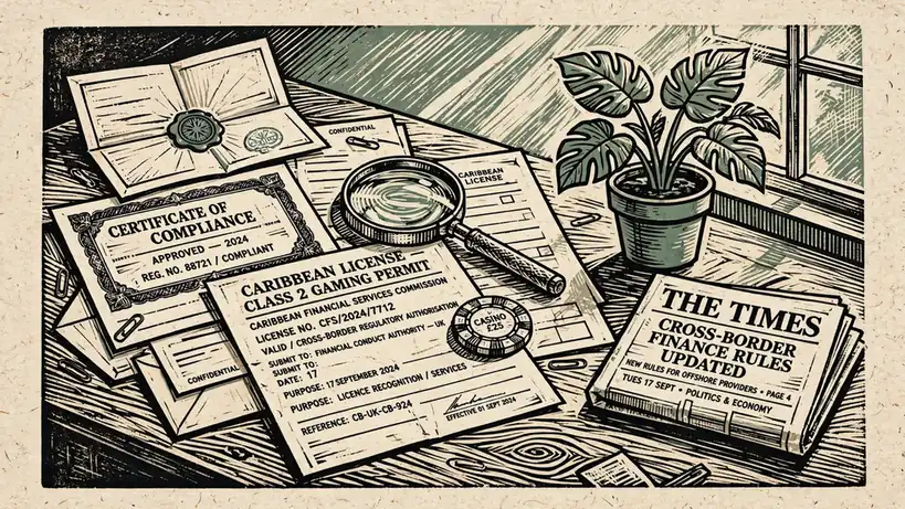 Wooden desk with gambling license documents, casino chip, magnifying glass, tropical plant, and folded UK newspaper.