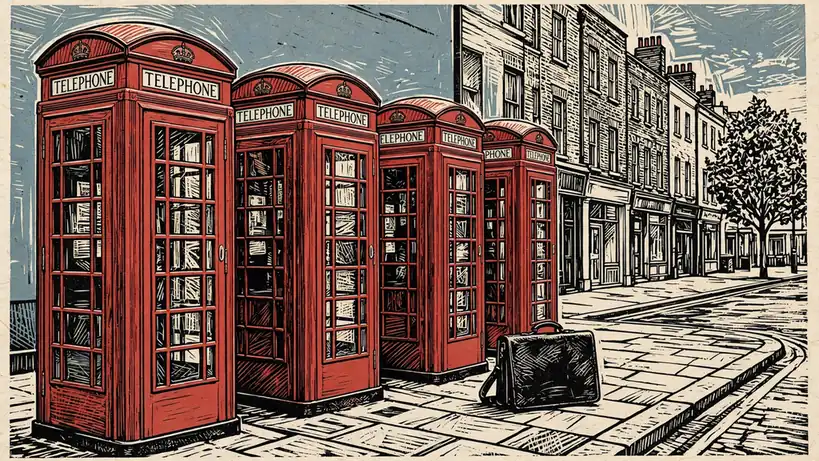 Red London telephone booths with a black briefcase on the pavement.