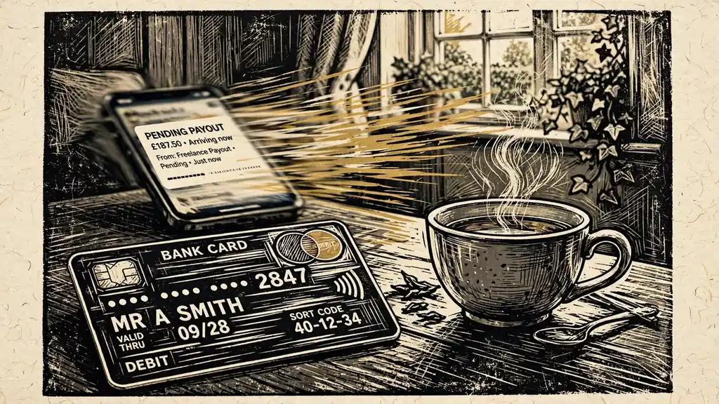 UK bank card and smartphone notification suggesting fast withdrawal from a casino
